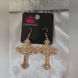 Paparazzi Gold Crystal Cross Earrings